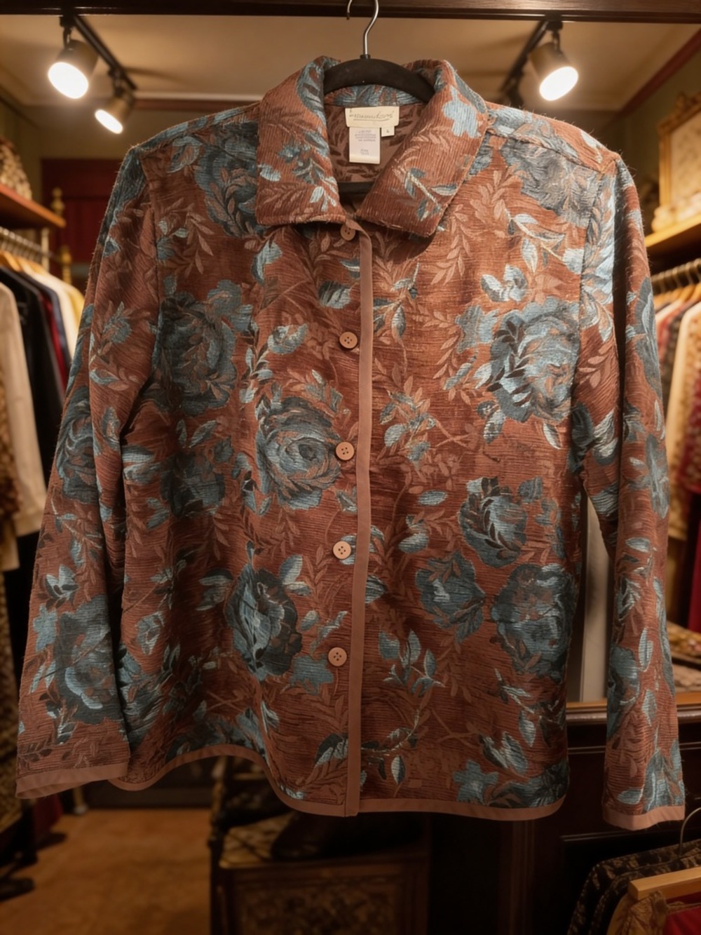 Coldwater Creek Brown Jacket with Blue Floral Jacquard